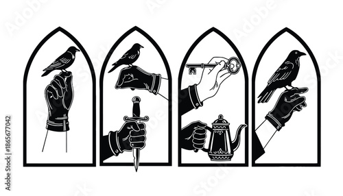A black and white illustration of hands holding various objects in arched windows