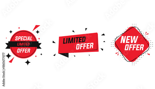 A promotional image featuring special limited and new offer labels on a white background