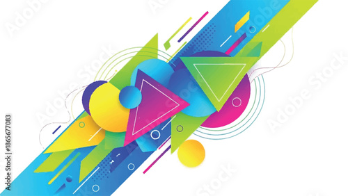 Dynamic geometric abstract composition with vibrant gradient shapes, creating a modern and energetic background design element for creative visual projects