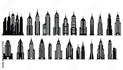 A collection of black and white city skylines with various skyscrapers