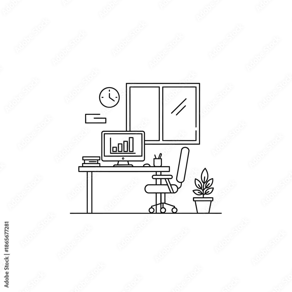 Obraz premium Minimalist Home Office Desk with Computer and Potted Plant for Modern Workspace