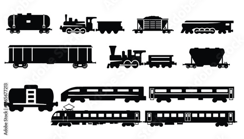 A collection of various train cars and locomotives in black silhouette on a white background