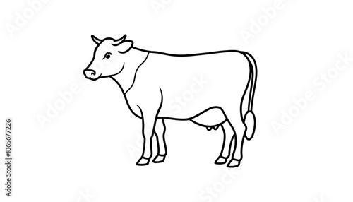 A simple line drawing of a cow standing on a white background