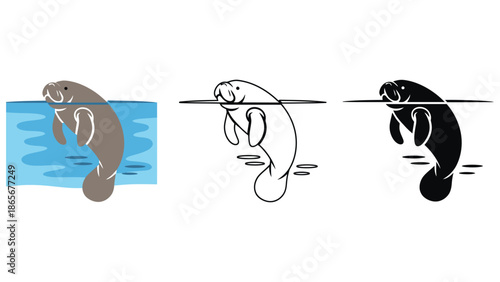 Gentle manatee swimming serenely in clear blue water, depicted in three distinct illustration styles.