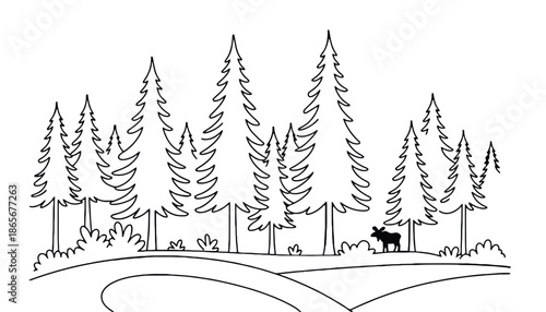A serene forest landscape with a moose standing among tall trees