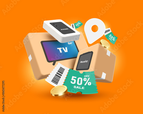 Gadget box and product packaging, such as Tv and speaker, are flying in air with green 50% discount promotional sign or tag label placed in center for advertising banner design, vector 3d illustration