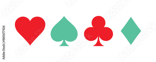 Heart, spade, club, and diamond. Icons of playing card suits in a sleek, modern geometric style. A set of vector card symbols.