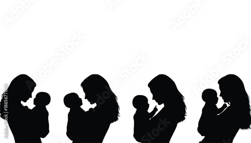 A set of silhouettes showing mothers holding and kissing their babies