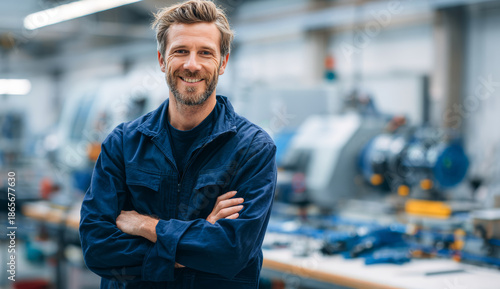 Smiling confident man with a well-groomed beard and short brown hair, wearing a blue work jacket, standing with arms crossed in an industrial manufacturing facility