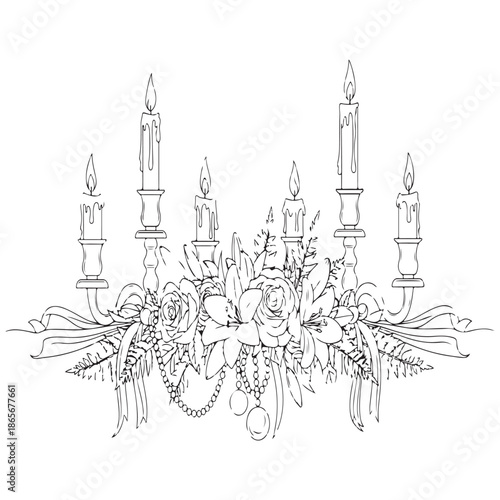 Ornate candelabra illustration with glowing candles, intricate floral decorations, flowing ribbons, and delicate beadwork, ideal for elegant celebrations and festive designs