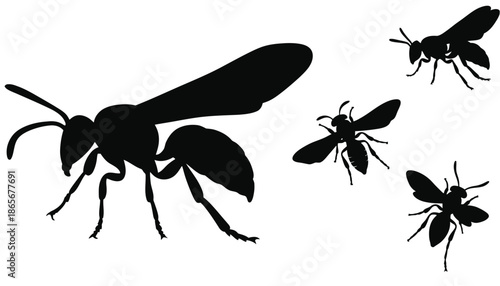 A group of black wasp silhouettes flying on a white background