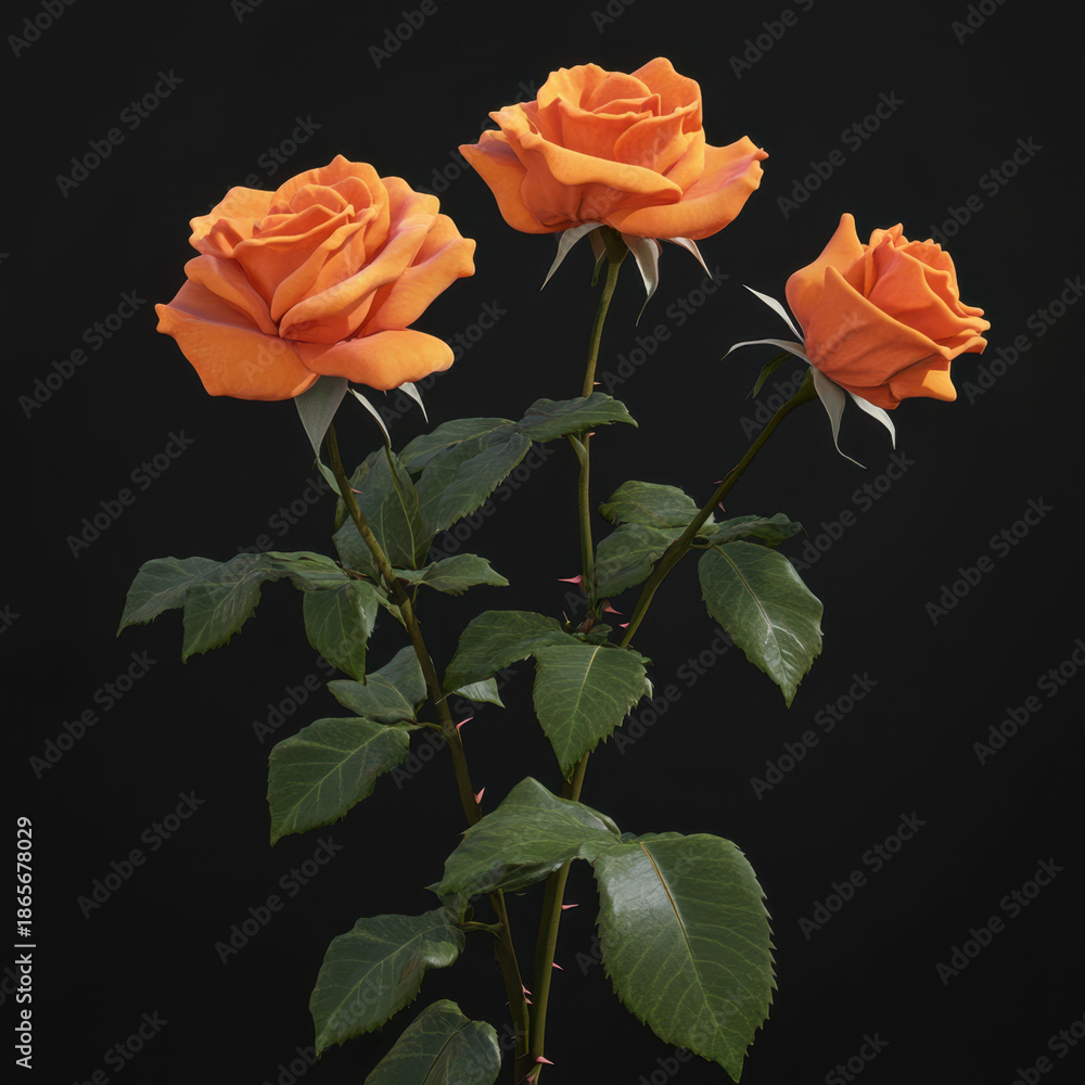Fototapeta premium Orange rose bouquet with three blooms, green thorny stems, glossy leaves, romantic floral elegance and warm mood