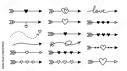 Collection of various hand drawn love arrows and hearts on white background for valentines day