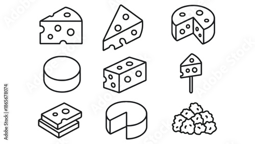 Variety of cheese types and shapes presented in a clean, illustrative style.
