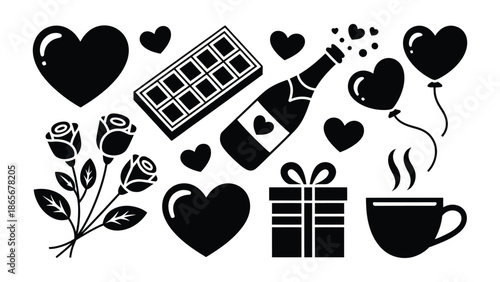 Valentine's day icons including hearts, roses, champagne, chocolate, gift, and coffee on white background