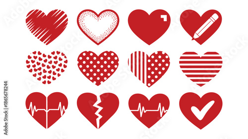 Collection of various red heart shapes with different patterns and designs for valentine's day and love themed
