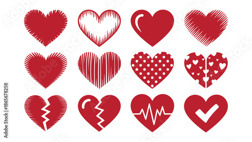 Collection of various red heart shapes and symbols for valentine's day, love and affection concepts, heart icons