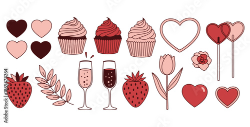 Collection of sweet and romantic themed illustrations featuring cupcakes strawberries hearts champagne flutes a tulip and a decorative leaf perfect for celebration designs