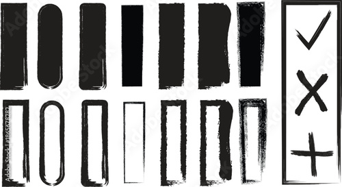 Abstract black brushstrokes and geometric shapes create a modern artistic composition with a checkmark symbol