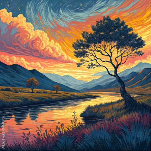 Vibrant sunset reflection over a serene river with a solitary tree in expressive brushstrokes
