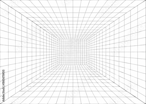 a black grid pattern forming a long white hallway or tunnel