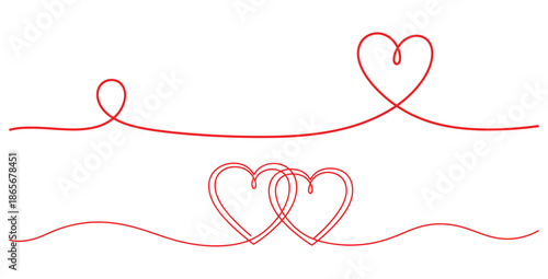 Abstract continuous line art drawing depicting romantic intertwined hearts and flowing red ribbons creating symbols of everlasting love and deep connection on a white background