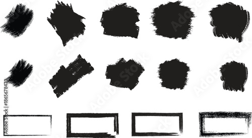 Collection of abstract black brush strokes and rectangular shapes on a plain white background artistic elements