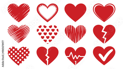 Collection of various red heart shapes and symbols for valentine's day, love and affection concepts
