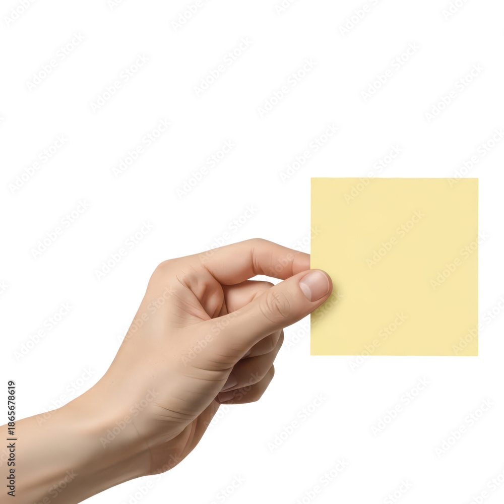 Fototapeta premium Hand holding a yellow sticky note isolated on transparent background