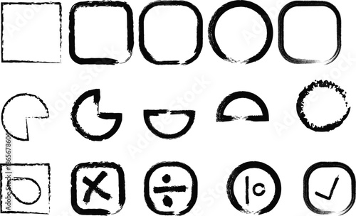 A collection of hand drawn rough shapes including squares circles arcs and symbols on a white background