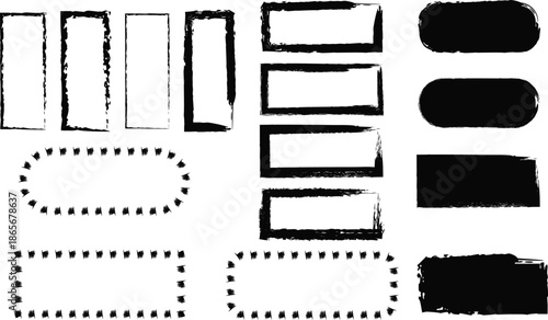 An assortment of abstract black brush strokes rectangles and dotted patterns on a plain white background