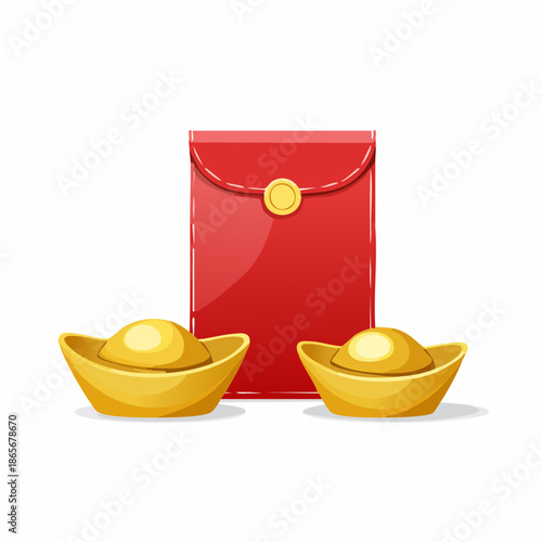Illustration of red envelope and golden ingots symbolizing prosperity