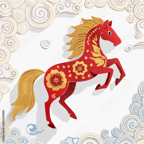 A vibrant red horse with golden mane and intricate designs galloping through a swirling cloud environment