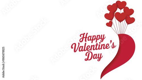 Valentines day greeting card with red heart balloons and happy valentines day text on white background for love