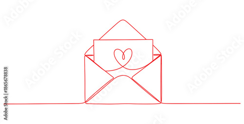 Minimalist continuous single line drawing depicting an open romantic love letter with a heart shape elegantly visible on the enclosed paper against a clean white background design concept