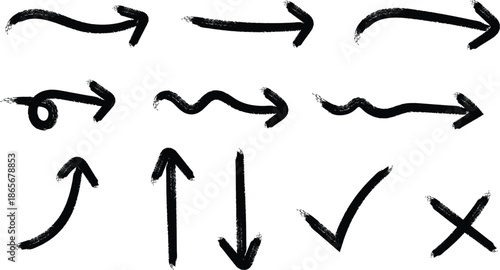 A collection of hand drawn black arrows checkmarks and an x mark on a plain white background