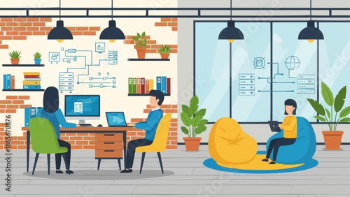 Modern office space with people working and collaborating.