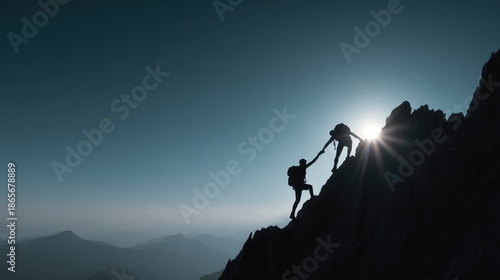 Helping Hand: Mountain Peak Success & Sunrise