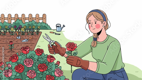 Woman tending to rose garden and pruning flowers with shears.