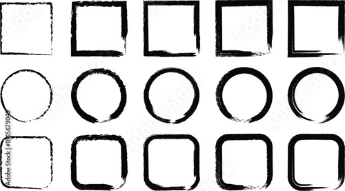 A collection of black shapes including squares circles and rectangles with varying fill and brushstroke effects