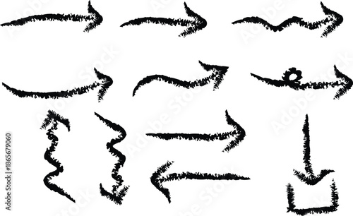 A collection of various hand drawn black arrow shapes and directional indicators on a plain white background