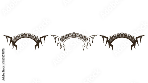 Three stylized bridges with decorative elements and sharp edges