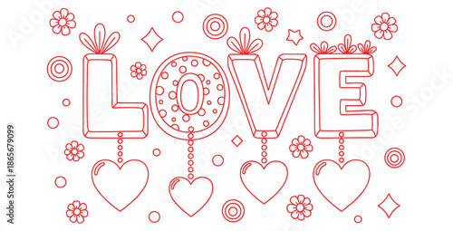 Decorative red outline drawing spelling the word love featuring chunky stylized letters adorned with small flowers hearts and assorted whimsical shapes perfect for valentines day coloring pages