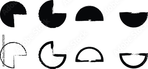 Abstract black and white shapes depicting incomplete circles and curved segments arranged in two rows