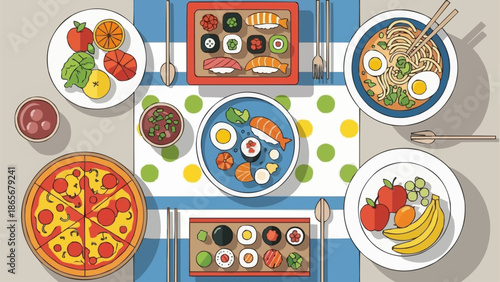 Diverse Food Spread Featuring Pizza Sushi and Ramen.