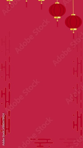 red vertical frame animation with lanterns and ornaments with blank area for text or title of Chinese New Year theme