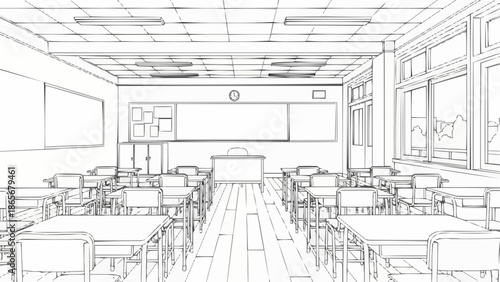 Empty classroom with desks and chairs in a line drawing.