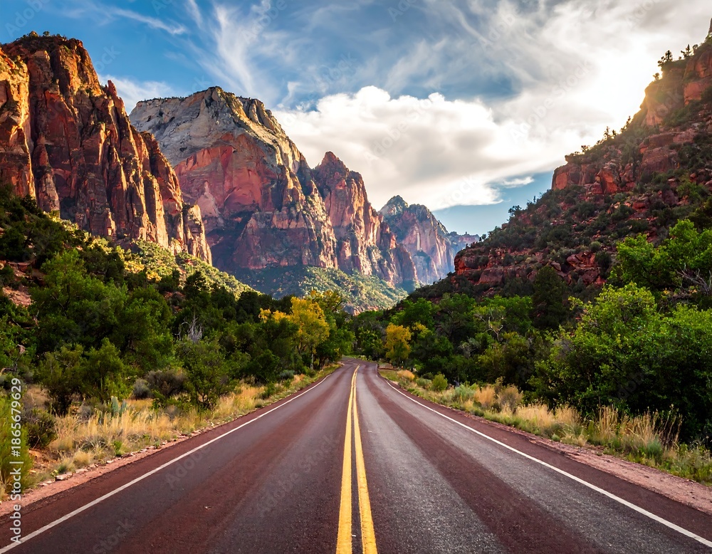 Fototapeta premium Scenic road winding through a canyon towards towering red rock formations