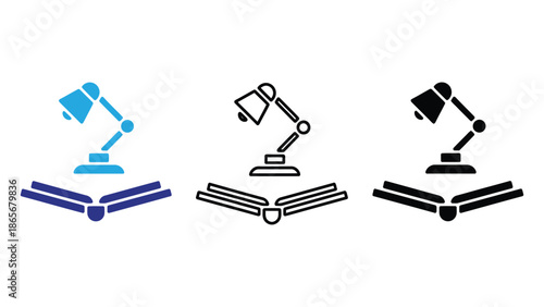 Desk lamp illuminates open book, symbolizing knowledge and learning.