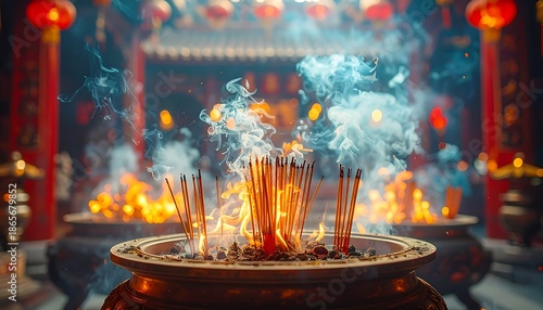 Burning incense sticks in a temple creating a spiritual atmosphere with smoke